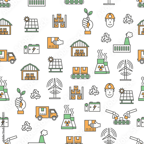 Vector flat line art ecological factory seamless pattern