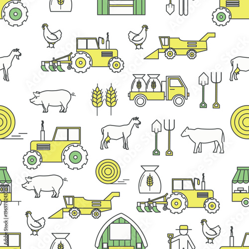 Vector flat line art farming seamless pattern