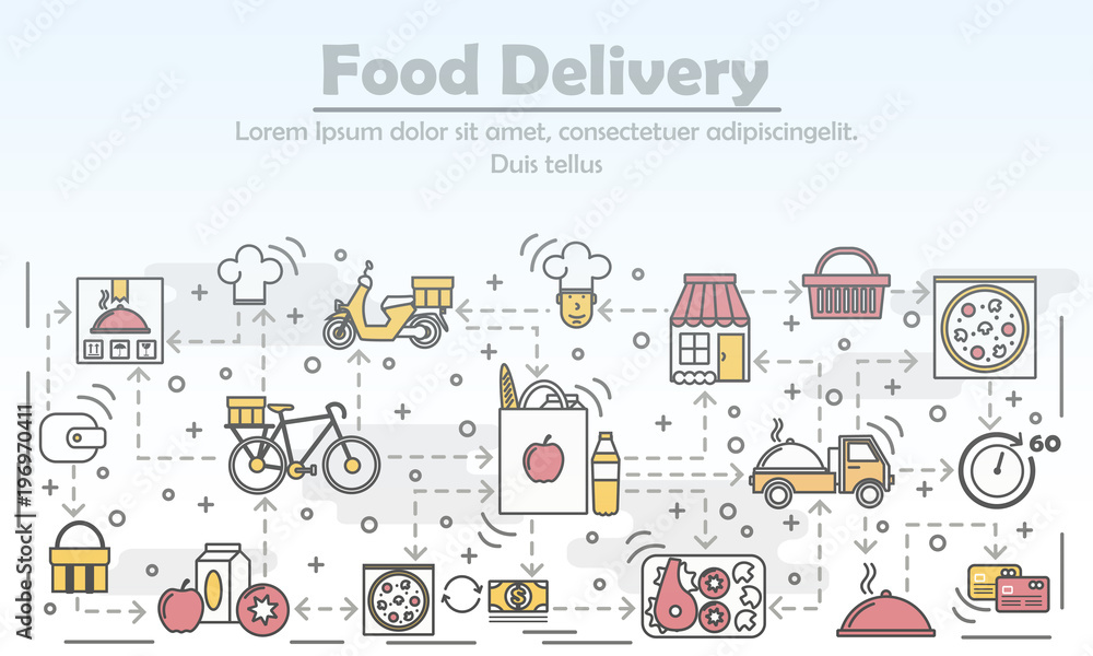 Food delivery advertising vector flat line art illustration