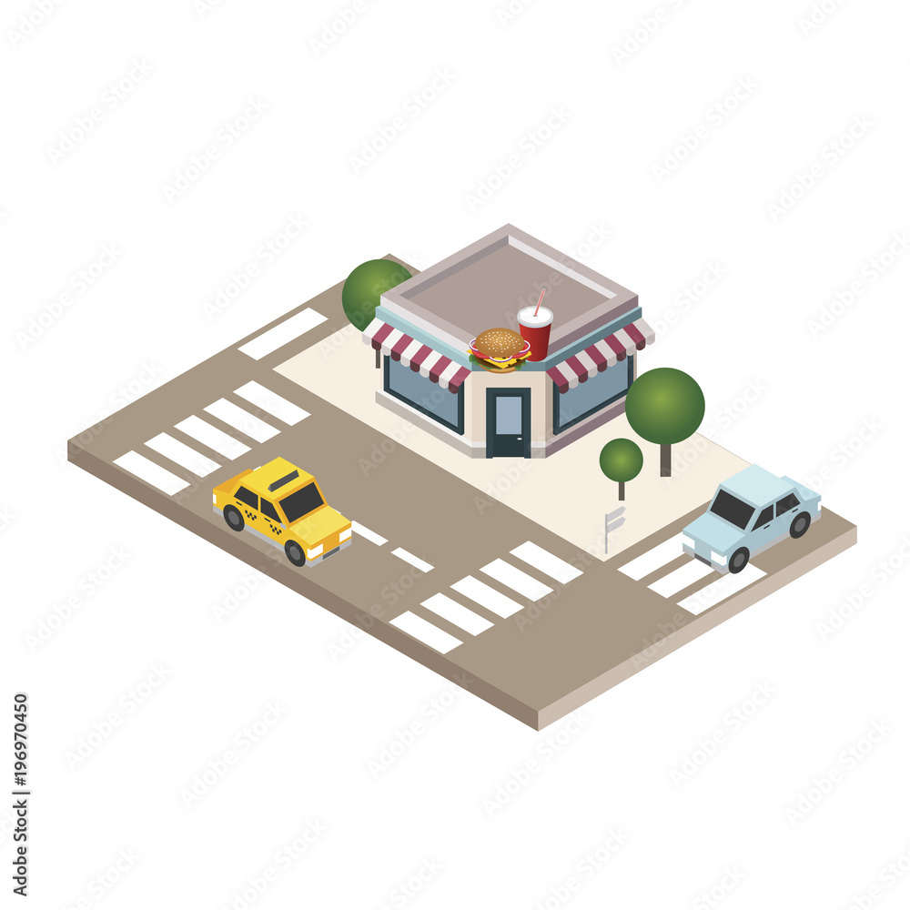 Isometric city. Fas food restaraunt. Food delivering. City life. Geo tracking. Map Isometric city. Fas food restaraunt. Food delivering. City life. Geo tracking. Map