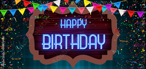 Photography Happy Birthday Greeting Card with Luxury shiny colorful balloons and happy birthday neon style text on frame
