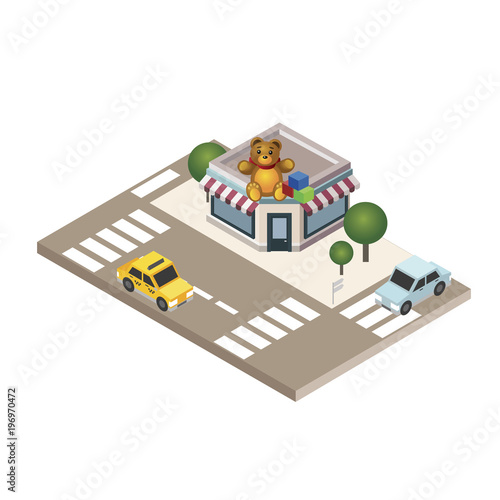 Isometric city. Childish gifts and toys shop. Geo tracking. City life. Map.Isometric city. Food delivering.