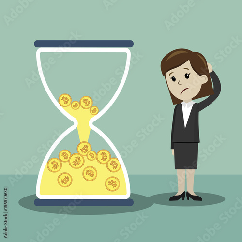 Crypto-currency market. Businesswoman is standing and seeing sandglass with Bitcoins and loosing its.