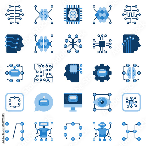Artificial intelligence flat icons set. Vector AI symbols