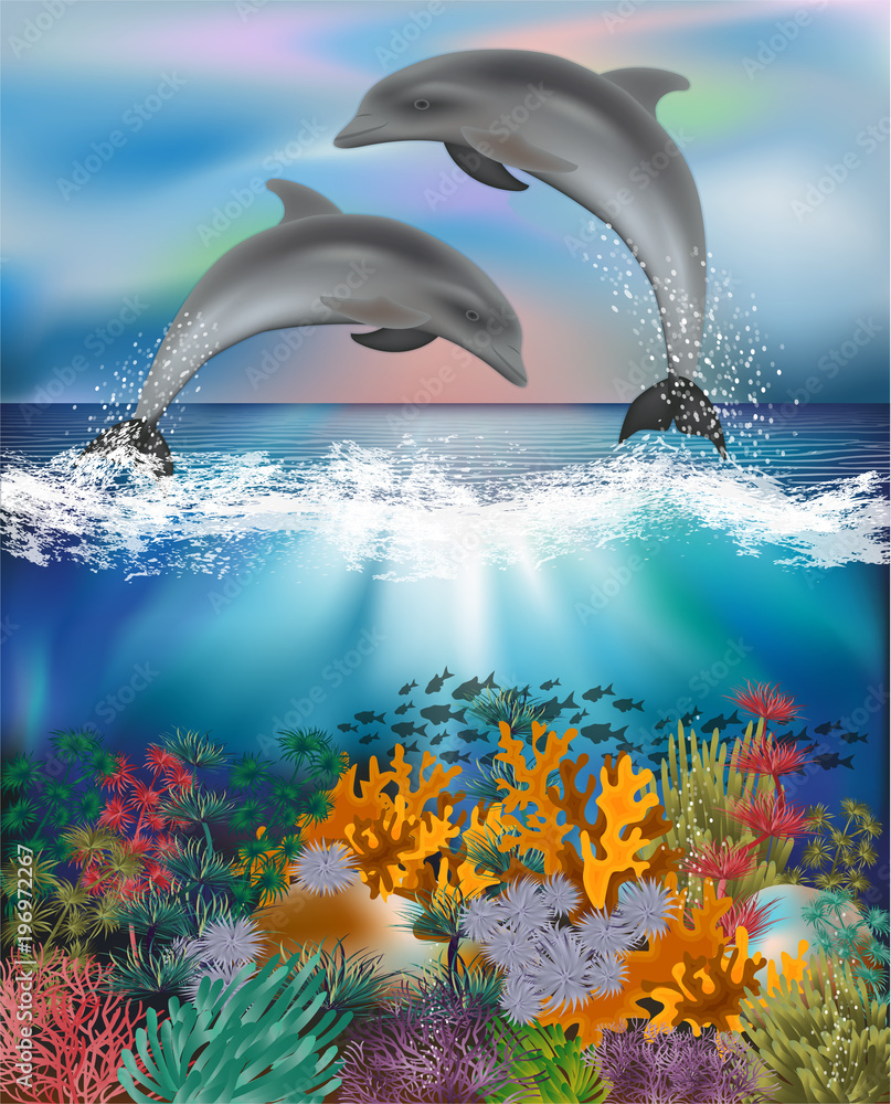 Obraz premium Tropical underwater background with Dolphins , vector illustration