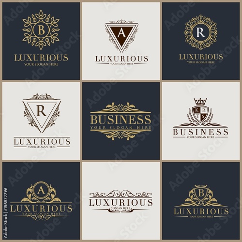 Luxury Letter Logo Set, Luxury Logos template flourishes calligraphic elegant ornament lines. Business sign, identity for Restaurant, Royalty, Boutique, Hotel, Heraldic, Jewelry, Fashion etc