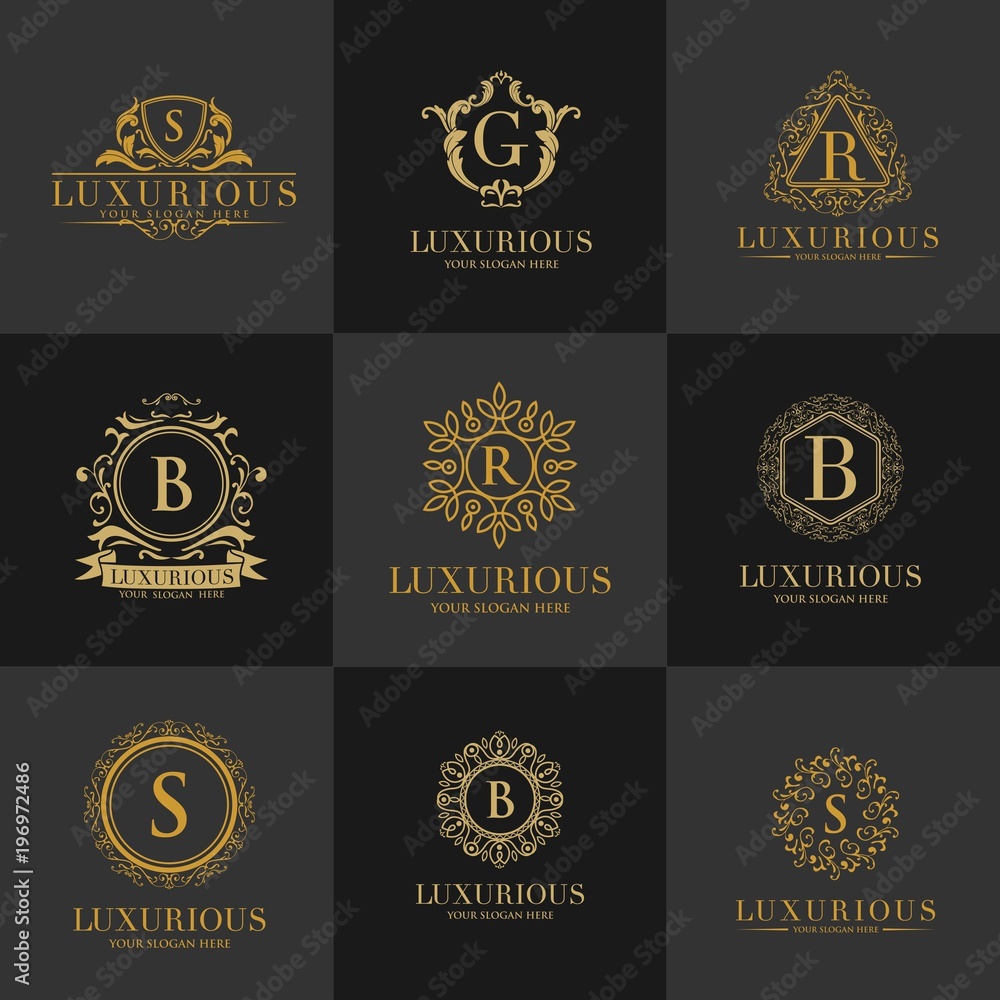 Obraz premium Luxury Letter Logo Set, Luxury Logos template flourishes calligraphic elegant ornament lines. Business sign, identity for Restaurant, Royalty, Boutique, Hotel, Heraldic, Jewelry, Fashion etc