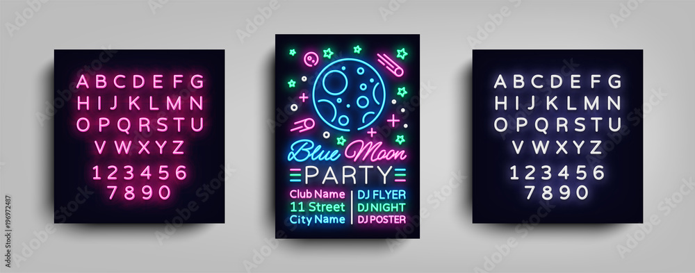 Plakat Night party poster design template in neon style. Blue moon night party neon sign, light banner, flyer nightlife advertisement, party invitation, disco. Vector illustration. Editing text neon sign