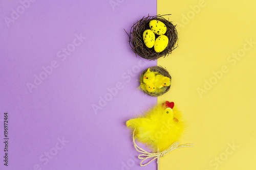 Easter background with decorative eggs and chicken.