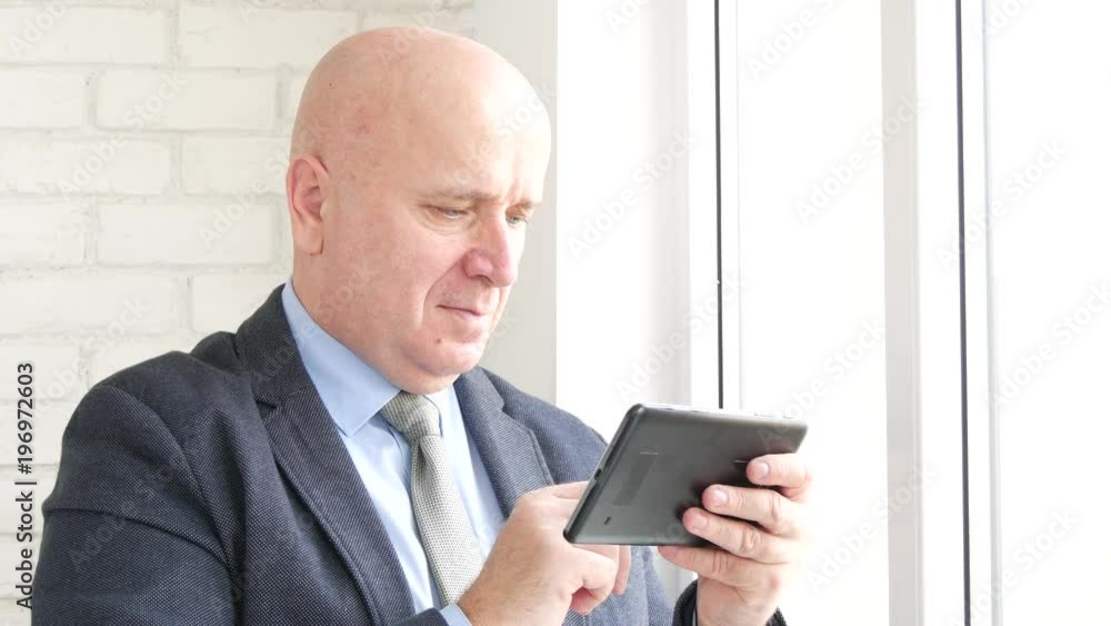 Businessperson Use Mobile Online Connection Read Messages and Smile Pleased Businessperson Use Mobile Online Connection Read Messages and Smile Pleased