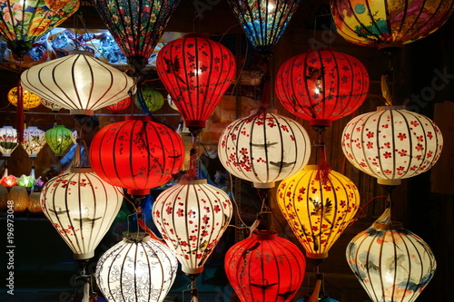 Colorful lanterns at night in market in Hoi an Vietnam