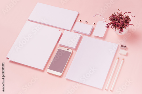 Wallpaper Mural White branding stationery, mock up scene on light soft pastel pink background, blank objects for placing your design. Torontodigital.ca