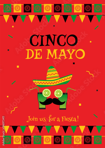 Colorful cinco de mayo festival invitation poster template. Festive red design concept with funny face, cocktail, mustache and sombrero. Vector illustration for restaurant menu or web banner.