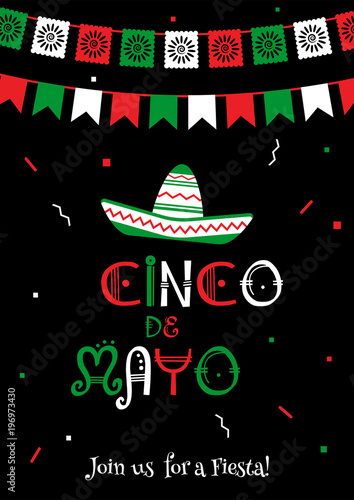 Stylish cinco de mayo fiesta invitation poster template. National colors vector illustration with native culture sombrero symbol and bunting flags for traditional Mexican celebration on cinco de mayo.