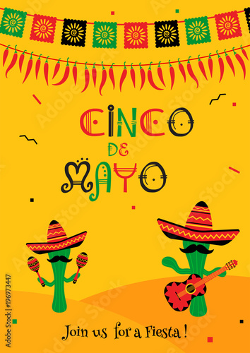 Funny cinco de mayo festival invitation poster. Festive yellow design with two cactus mariachi in sombrero with guitar and maracas. Vector illustration for restaurant menu, web banner or promo flyer.
