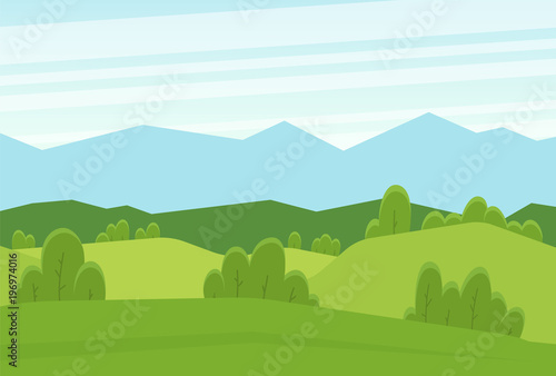 Cartoon flat summer landscape with green hills and mountains