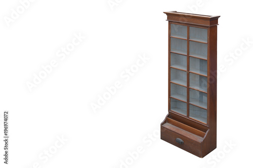 di cut Antique glass and wooden cabinet on white background,object,copy space