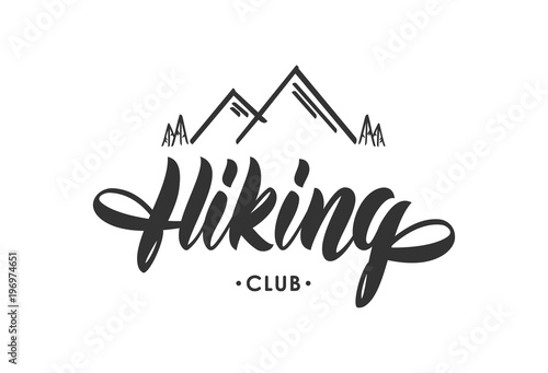 Modern brush lettering of Hiking Club with mountains.