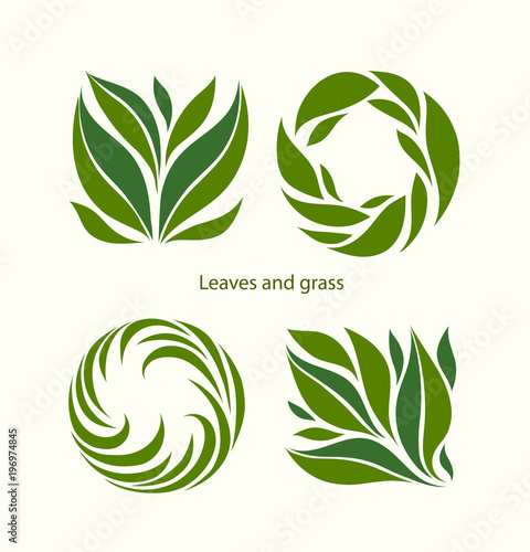 Set Grass and Leaves Label abstract design. Square and Round icon. Beautiful Logo Garden Company.