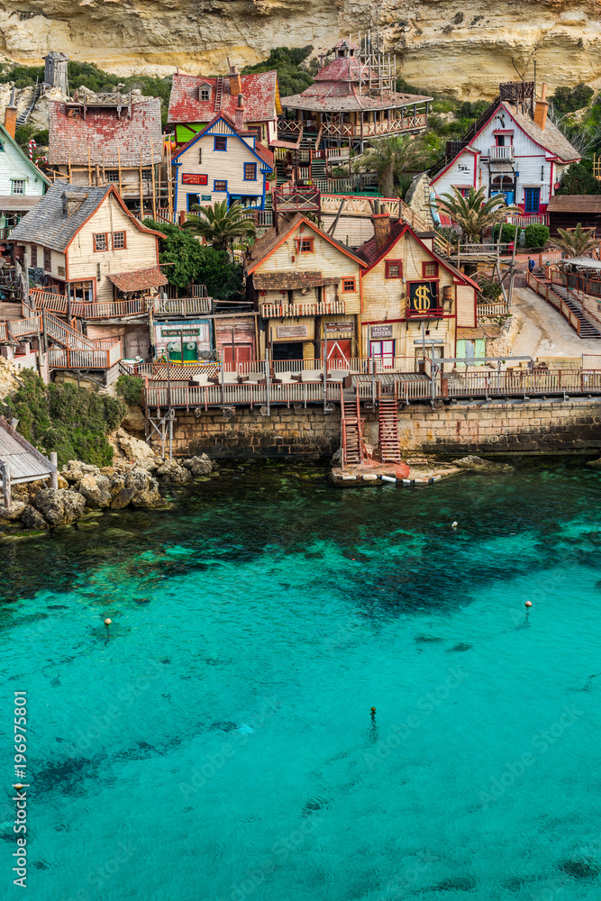 Colorful houses in Anchor Bay, Popeye Village,Malta
