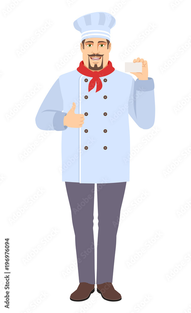 Chef showing thumb up and showing the business card Chef showing thumb up and showing the business card
