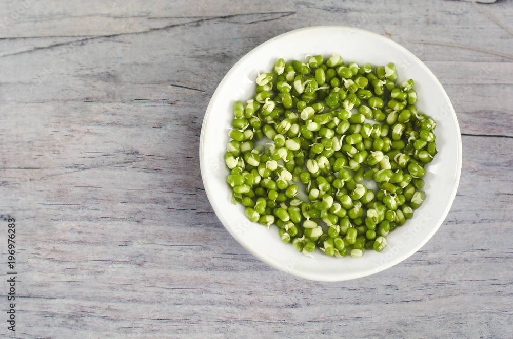 A heap of sprouted mung beans in white plate. A heap of sprouted mung beans in white plate.