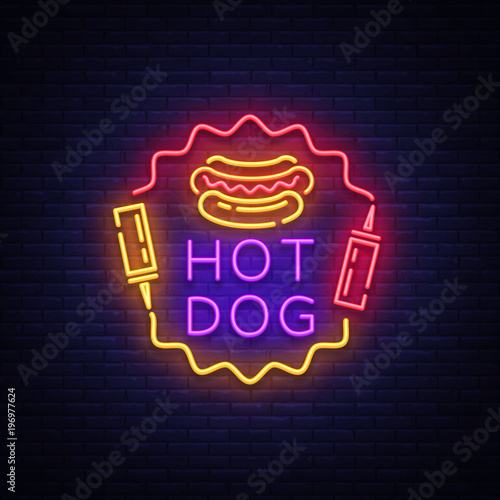 Hot Dog neon sign vector. Hot dog logo in neon style design template, night neon emblem, light banner, bright signboard, light night advertising of fast food for cafe, restaurant, snack bar, bar