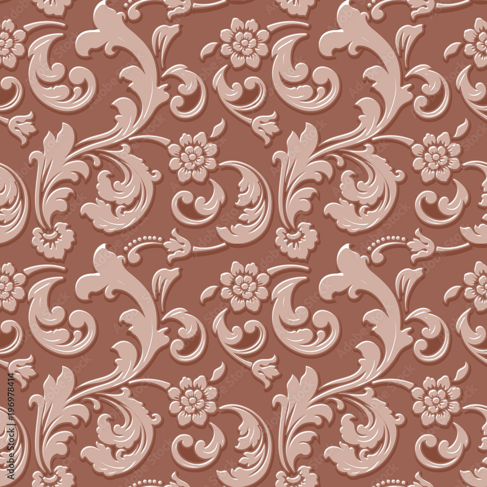 Vector volumetric flower seamless pattern background. Elegant luxury embossed texture for backgrounds, seamless texture for wallpapers. Classical floral 3d ornament with shadows and highlights.