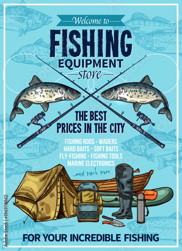 Vector fisherman sport fishing equipement poster