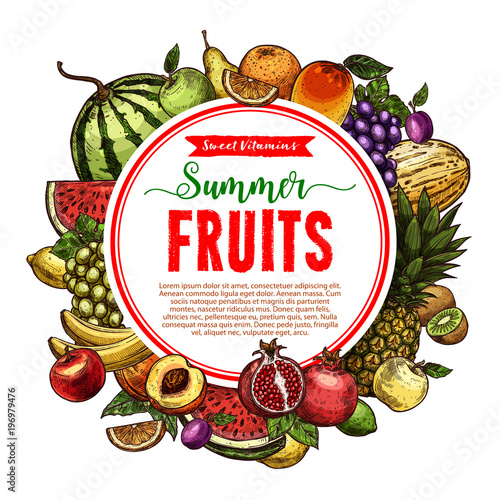 Vector sketch fruit store poster of farm fruits