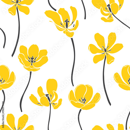 Floral seamless pattern with yellow tulips  vector illustration. Silhouettes on a white background. Abstract nature background.