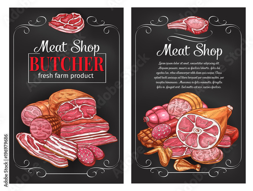 Vector sketch sausages and meat for butcher shop