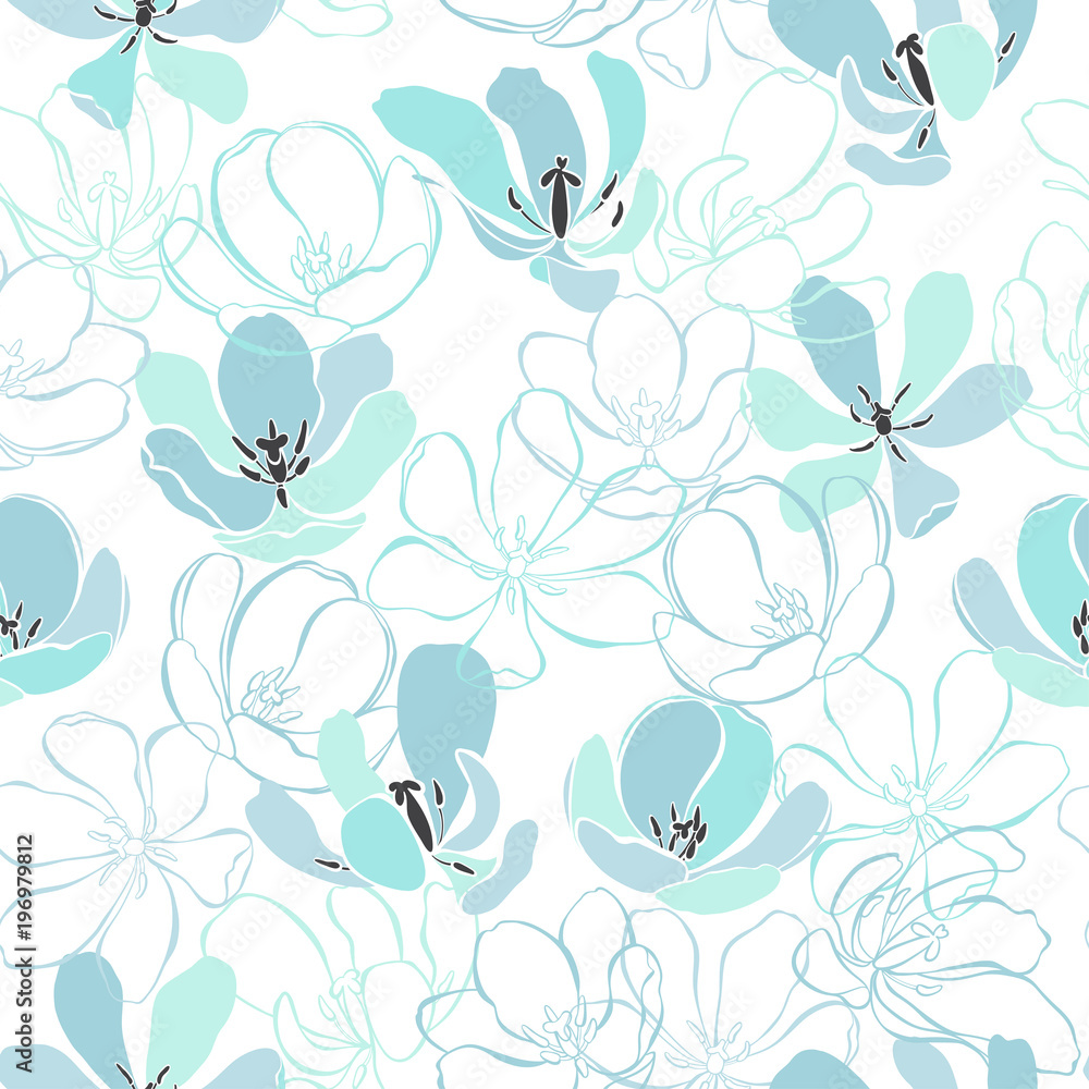 Obraz premium Floral seamless pattern with tulips. Vector illustration. Abstract nature background.