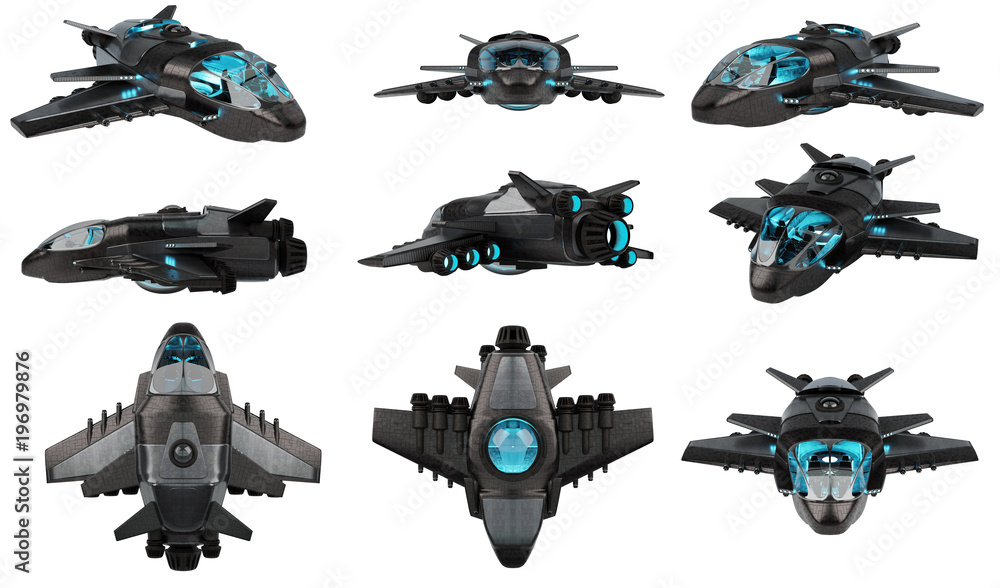 Obraz premium Futuristic spacecraft collection isolated on white background 3D rendering