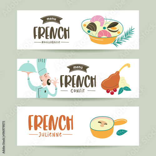 French cuisine. A set of French dishes. Banner templates, icons.