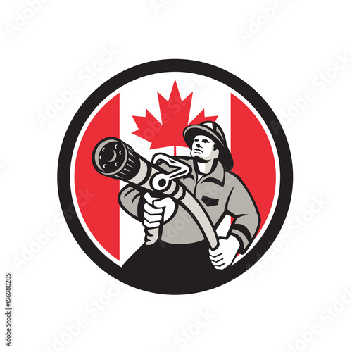 Icon retro style illustration of a Canadian firefighter or fireman holding a fire hose front view with Canada maple leaf flag set inside circle on isolated background.