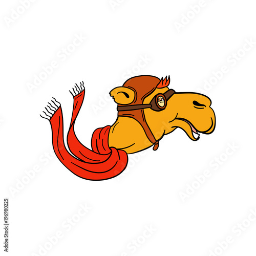 Cartoon style illustration of head of a pilot camel wearing scarf, vintage aviator helmet hat and goggles smiling viewed from side on isolated background.