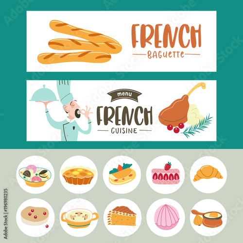 French cuisine. A set of French dishes. Banner templates, icons.