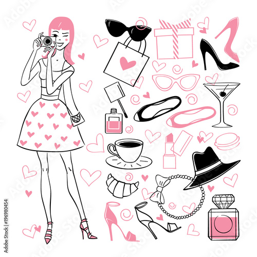 accessories3/Young women with a photo camera. Vector hand drawn seamless pattern. Fashionable accessories.