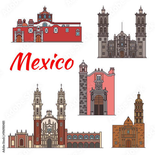 Mexico landmarks vector architecture line icons photo