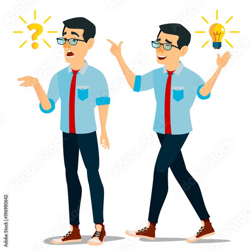 Problem Concept Vector. Thinking Man. Problem Solving. Question Mark, Light Bulb. Creative Project Idea. Issue, Trouble. Isolated Flat Cartoon Illustration