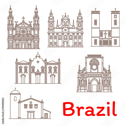 Brazil landmarks architecture vector line icons