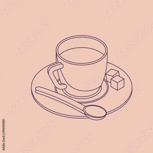 Vector illustration thin line sketch with 3D coffee cup n isometric flat style