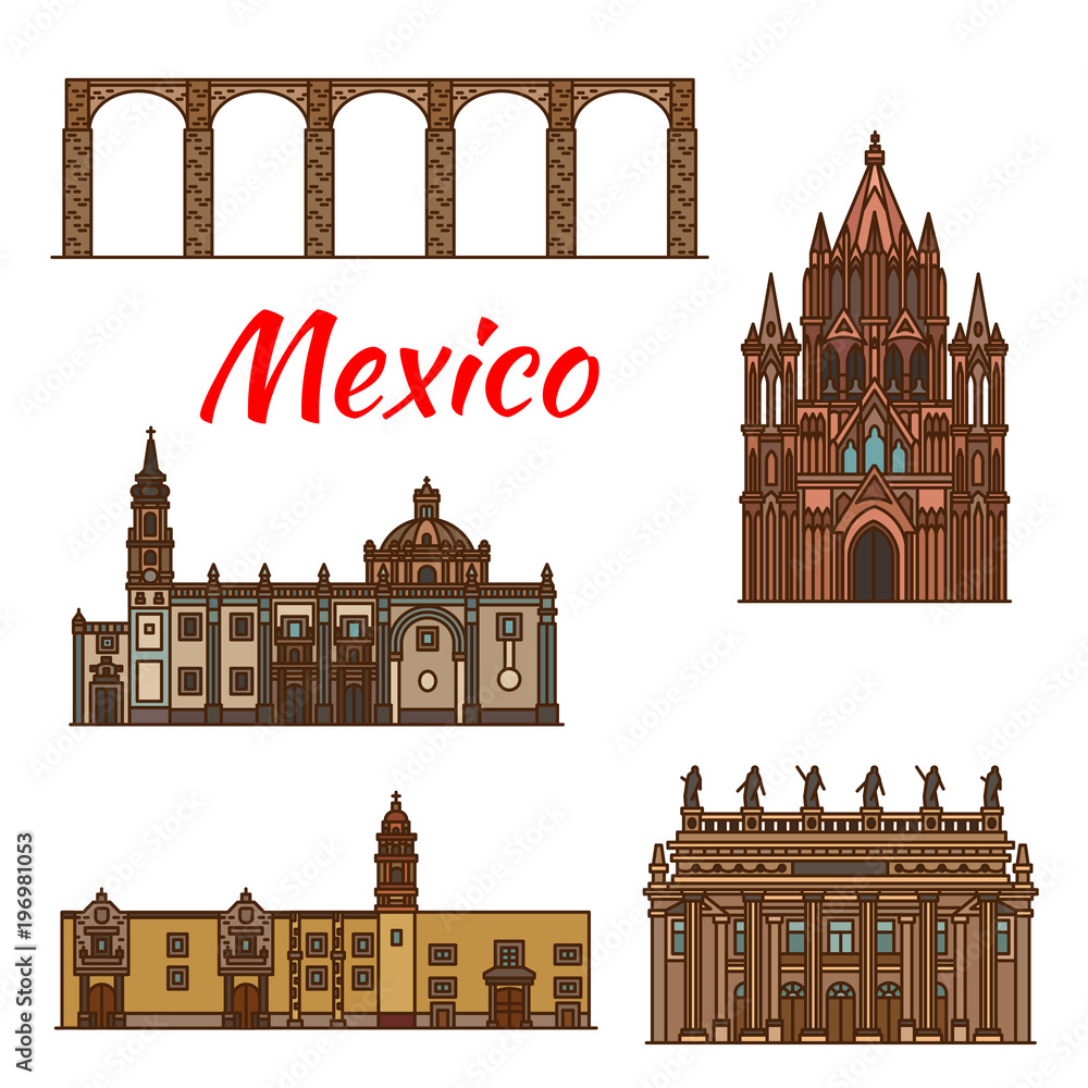 Mexico landmarks architecture vector line icons