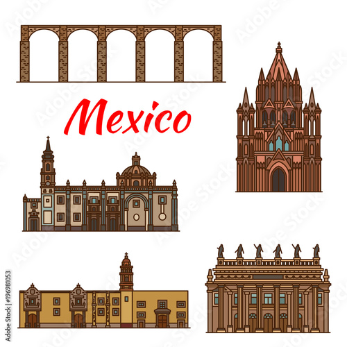 Mexico landmarks architecture vector line icons photo