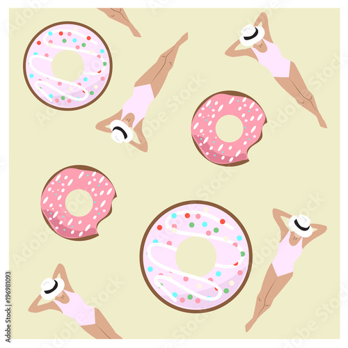 Vintage summer seamless pattern with girls in swimsuit and inflatables donuts. Pink and colorful flat elements 