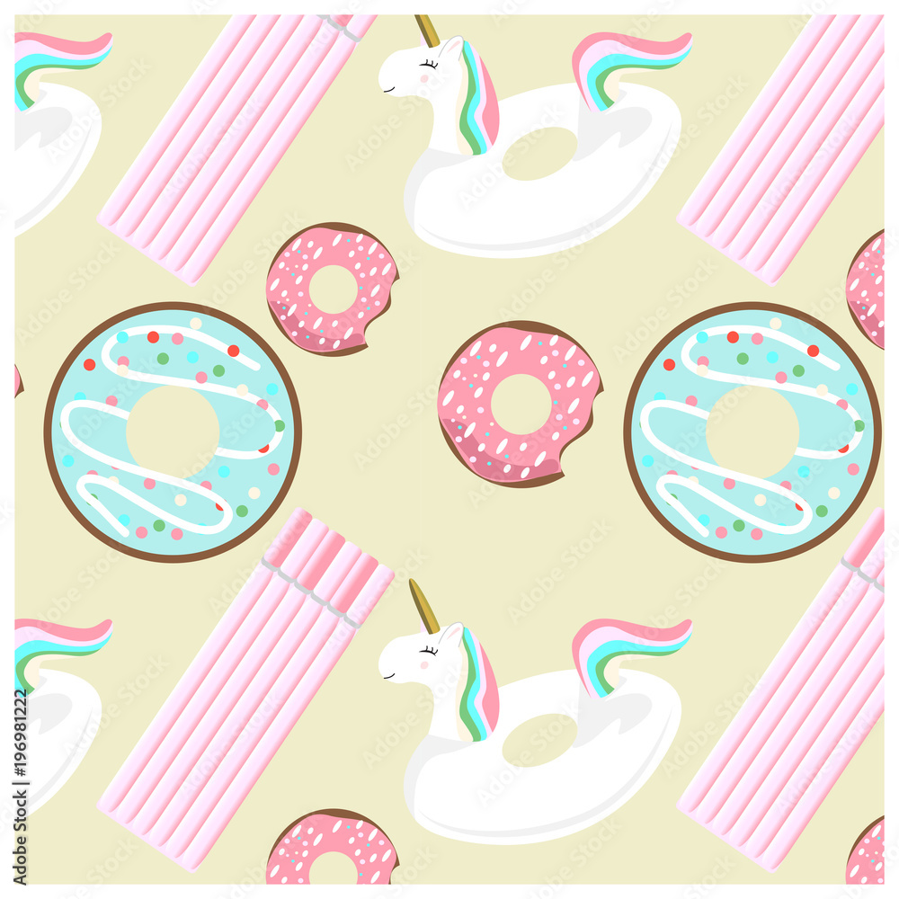 Cute summer seamless pattern with unicorns and donuts inflatables. Pink and colorful flat elements 