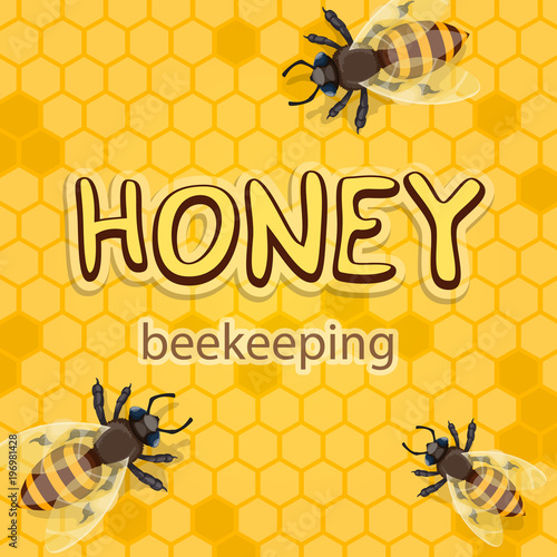 Honey product vector bees in honeycomb poster