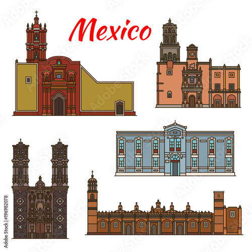 Mexico landmarks vector architecture line icons photo
