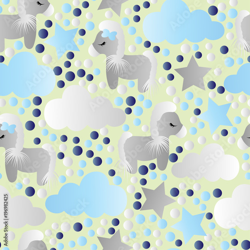 pattern with cartoon pony, clouds and stars